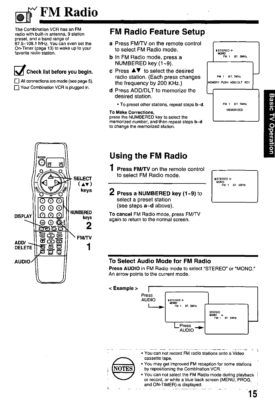 R fm radio, Fm radio feature setup, Using the fm radio | 2 press a numbered key (1-9) to, To select audio mode for fm radio, Example, Fm radio | Panasonic PV-M2768 User Manual | Page 15 / 36