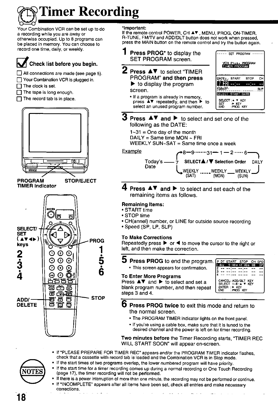 Timer recording, To make corrections | Panasonic PV-M2768 User Manual | Page 18 / 36