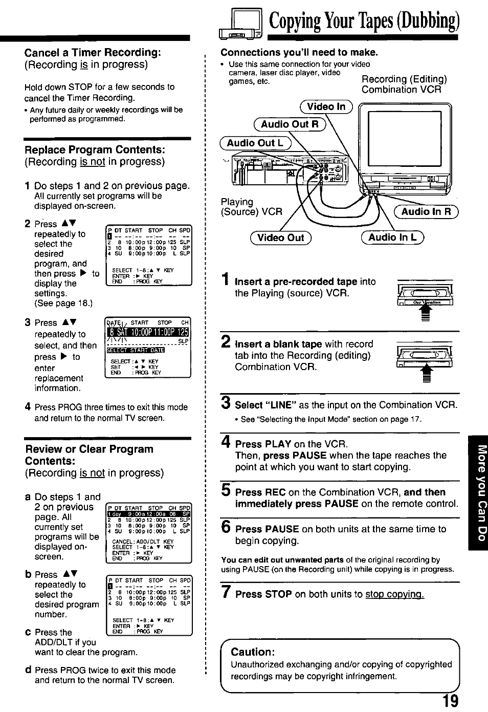 Cancel a timer recording, Replace program contents, Review or clear program contents | Caution, 3 copying your tapes (dubbing) | Panasonic PV-M2768 User Manual | Page 19 / 36