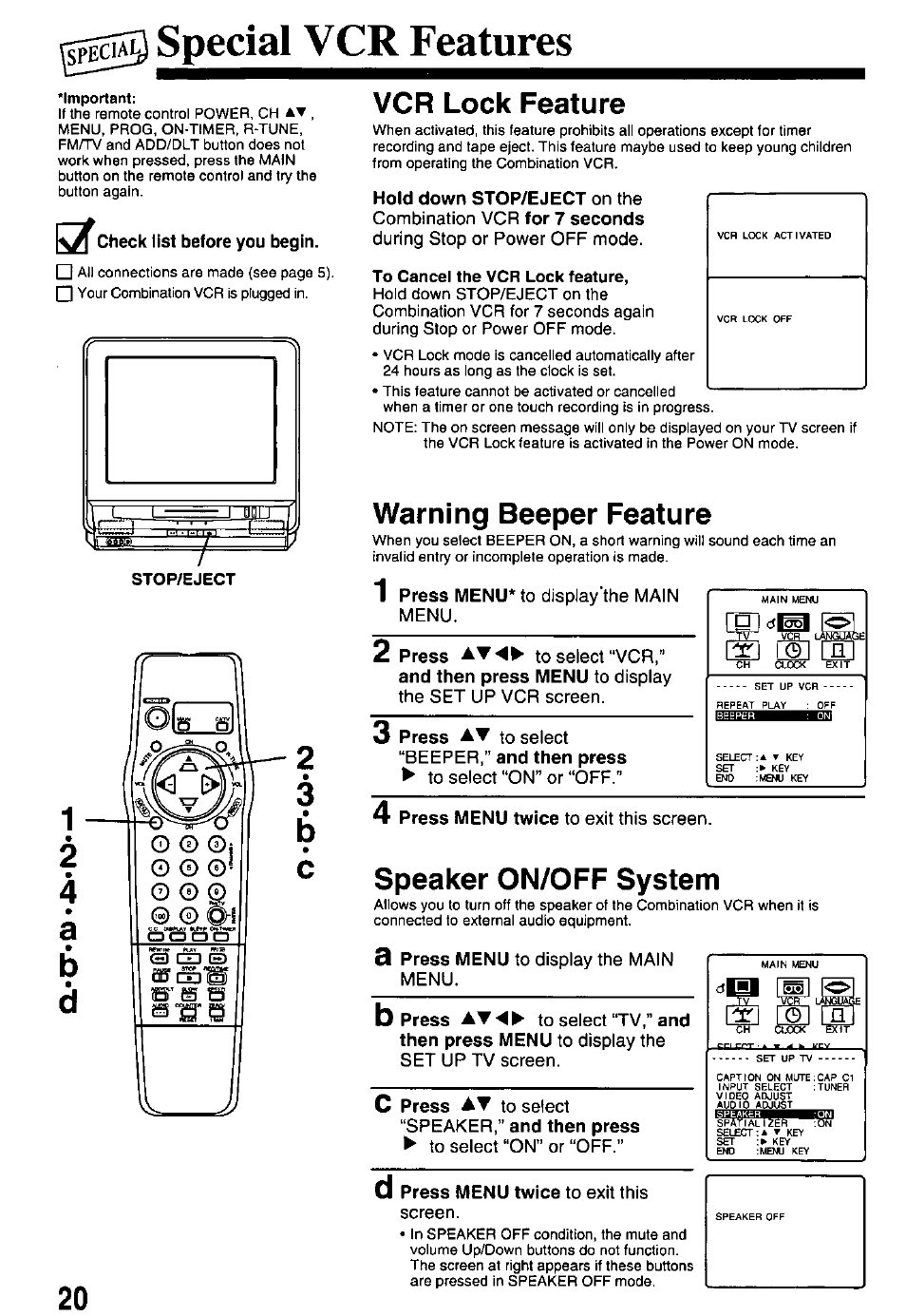 Vcr features, Check list before you begin, Vcr lock feature | Hold down stop/eject on the, To cancel the vcr lock feature, Warning beeper feature, Speaker on/off system, Speaker,” and then press | Panasonic PV-M2768 User Manual | Page 20 / 36