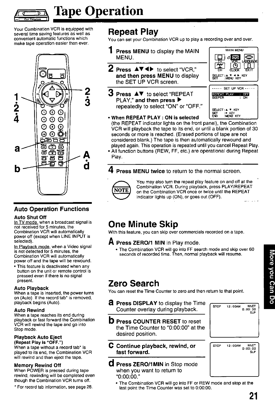 V\ tape operation, Repeat play, 3 press av to select “repeat play,” and then press | When repeat play : on is selected, One minute skip, A press zero/1 min in play mode, Zero search, C continue playback, rewind, or fast forward, Tape operation | Panasonic PV-M2768 User Manual | Page 21 / 36