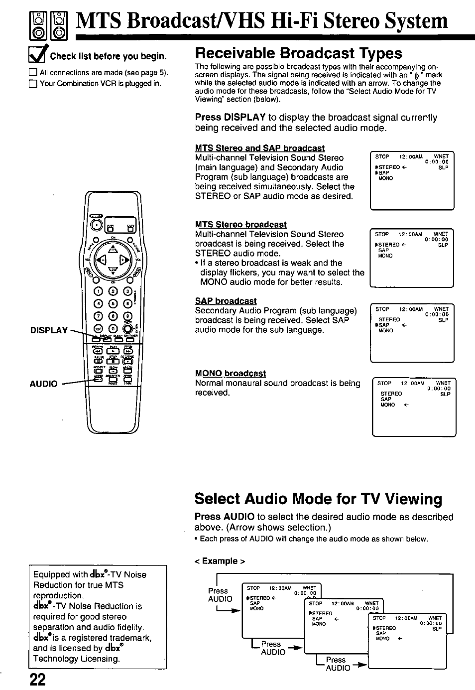 Jllgl mts broadcasta^hs hi-fi stereo system, Receivable broadcast types, Mts stereo and sap broadcast | Mts stereo broadcast, Sap broadcast, Mono broadcast, Select audio mode for tv viewing | Panasonic PV-M2768 User Manual | Page 22 / 36