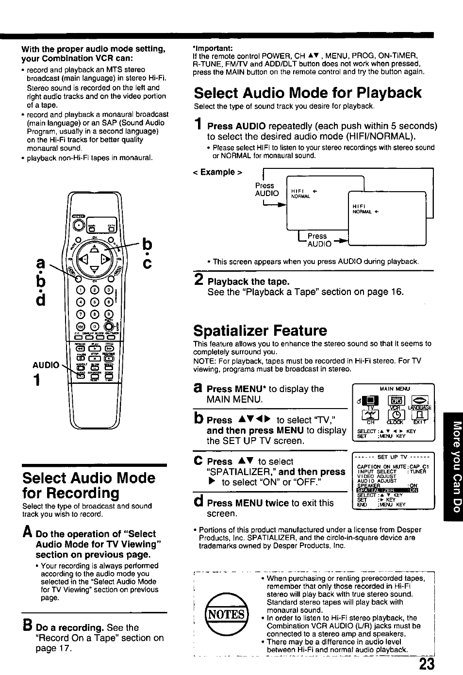 With the proper audio mode setting, Select audio mode for recording, B do a recording. see the | Select audio mode for playback, 2 playback the tape, Spatializer feature, Spatializer,” and then press, Bc select audio mode for recording | Panasonic PV-M2768 User Manual | Page 23 / 36