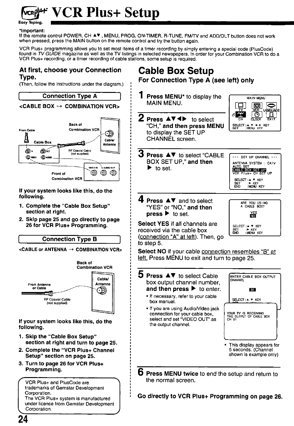 Vcr plus+ setup, At first, choose your connection, Connection type в | Cable box setup, For connection type a (see left) only, Ch,” and then press menu, Туре | Panasonic PV-M2768 User Manual | Page 24 / 36
