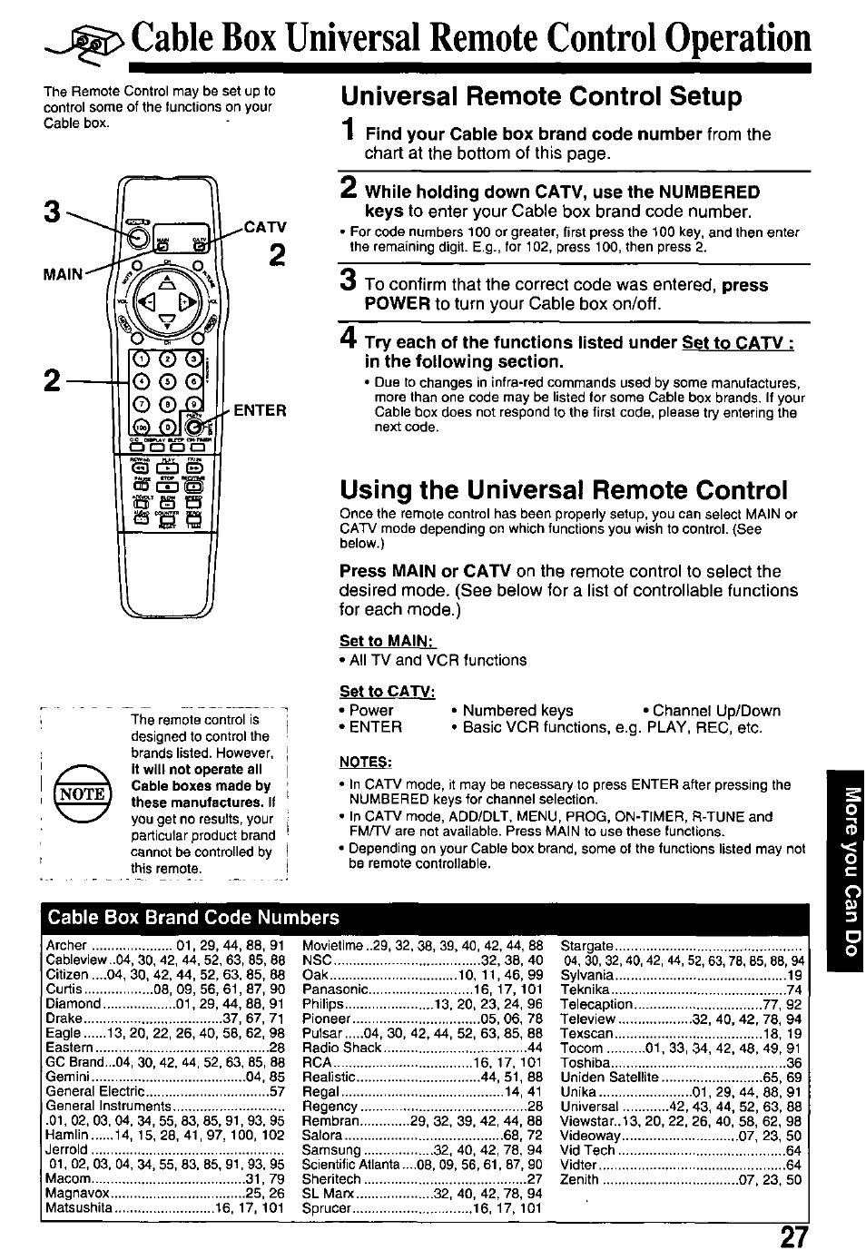 Cable box universal remote control operation, Cable box brand code numbers, Cable box universal remote control feature | Universal remote control setup, Using the universal remote control | Panasonic PV-M2768 User Manual | Page 27 / 36