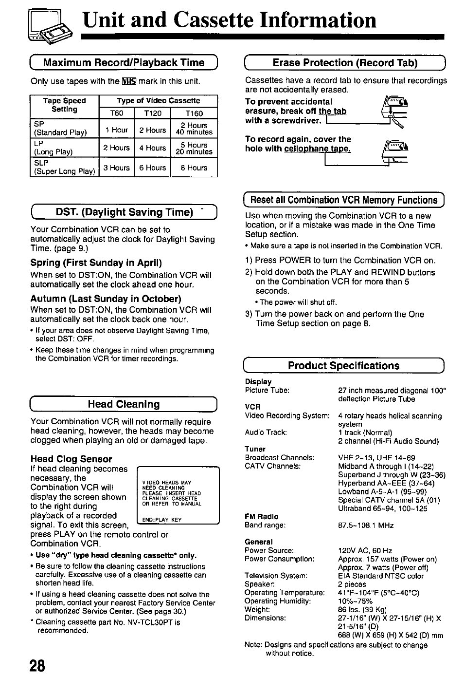 Unit and cassette information, Dst. (daylight saving time), Spring (first sunday in april) | Autumn (last sunday in october), Reset all combination vcr memory functions, Head cleaning, Head clog sensor, Product specifications, Auto daylight saving time | Panasonic PV-M2768 User Manual | Page 28 / 36