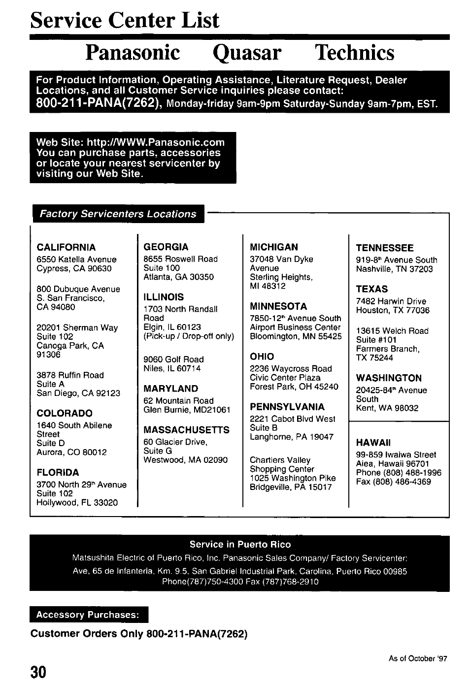 Service center list, Panasonic quasar technics, California | Colorado, Service in puerto rico, Accessory purchases, Service center list panasonic quasar technics | Panasonic PV-M2768 User Manual | Page 30 / 36