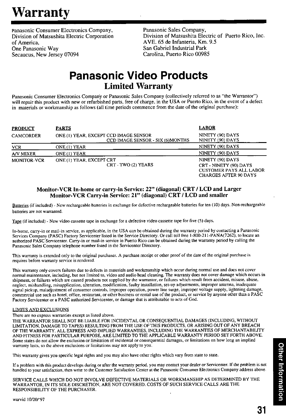 Warranty, Panasonic video products, Limited warranty | Panasonic PV-M2768 User Manual | Page 31 / 36