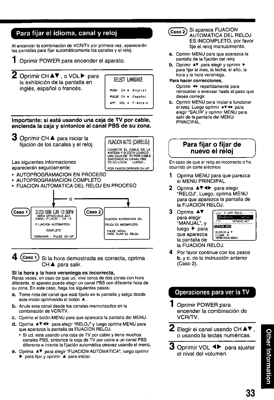 Para fijar el idioma, canal y reloj, Para fijar o fijar de, Nuevo el reloj | Operaciones para ver la tv | Panasonic PV-M2768 User Manual | Page 33 / 36