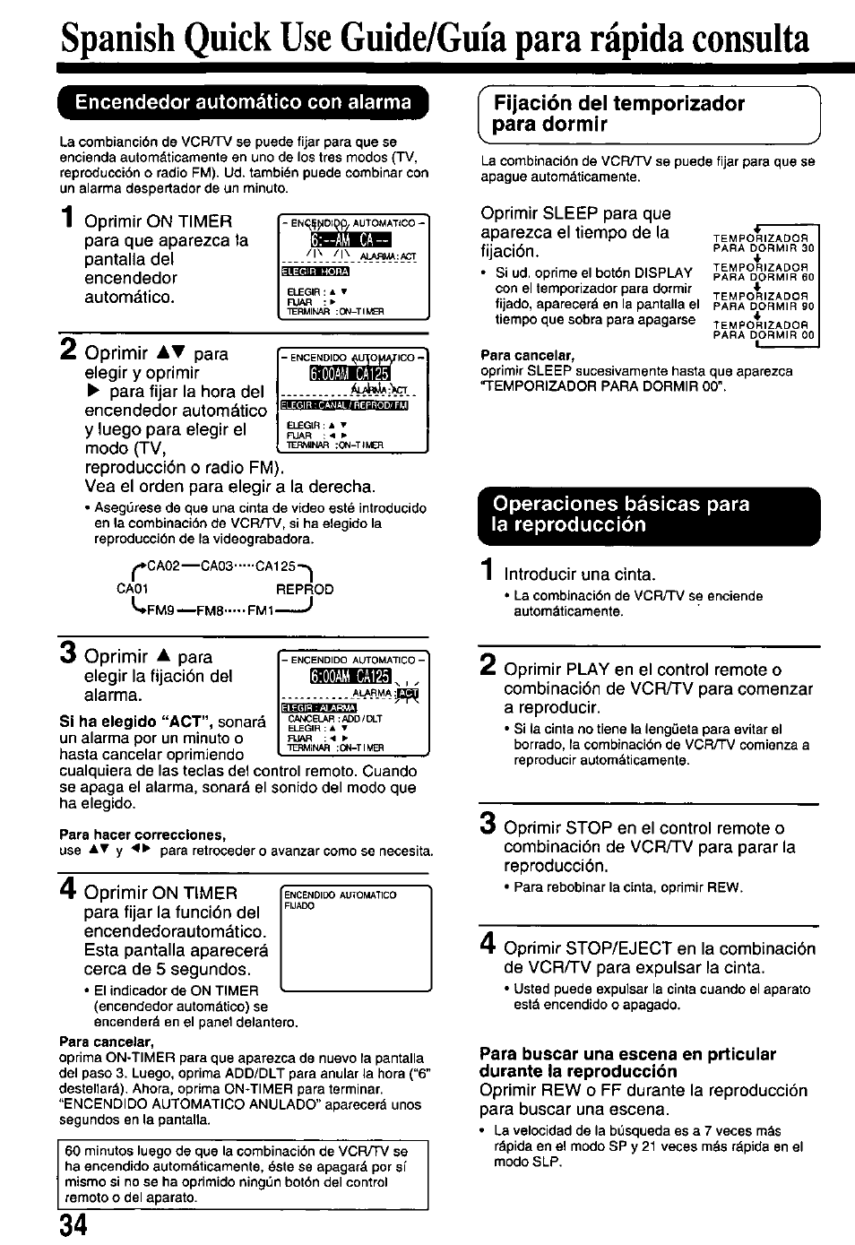 Spanish quick use guide/guia para rápida consulta, Encendedor automático con alarma, Fijación dei temporizador para dormir | Operaciones básicas para la reproducción | Panasonic PV-M2768 User Manual | Page 34 / 36