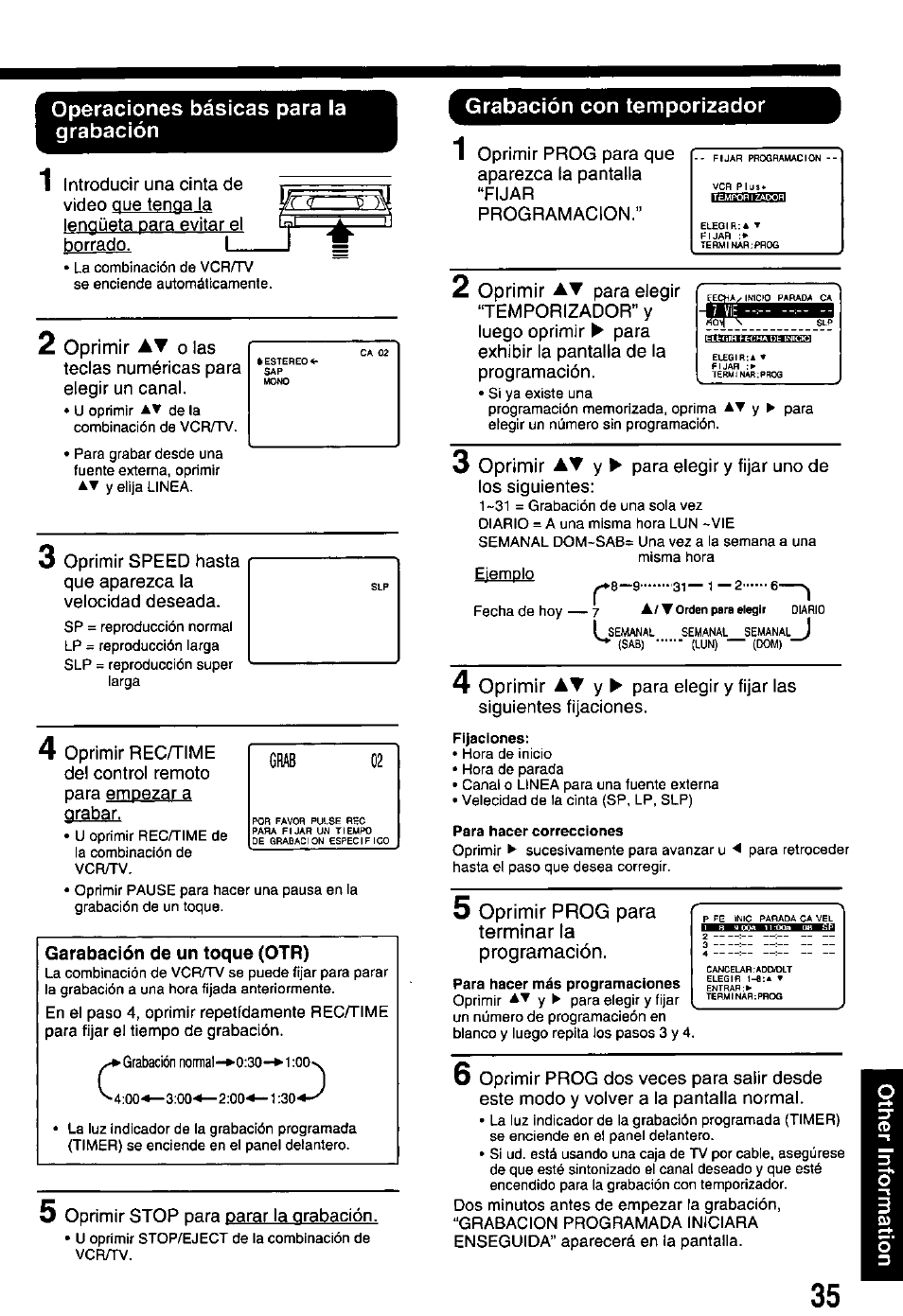 Operaciones básicas para la grabación, Grabación con temporizador, Aw o | Panasonic PV-M2768 User Manual | Page 35 / 36
