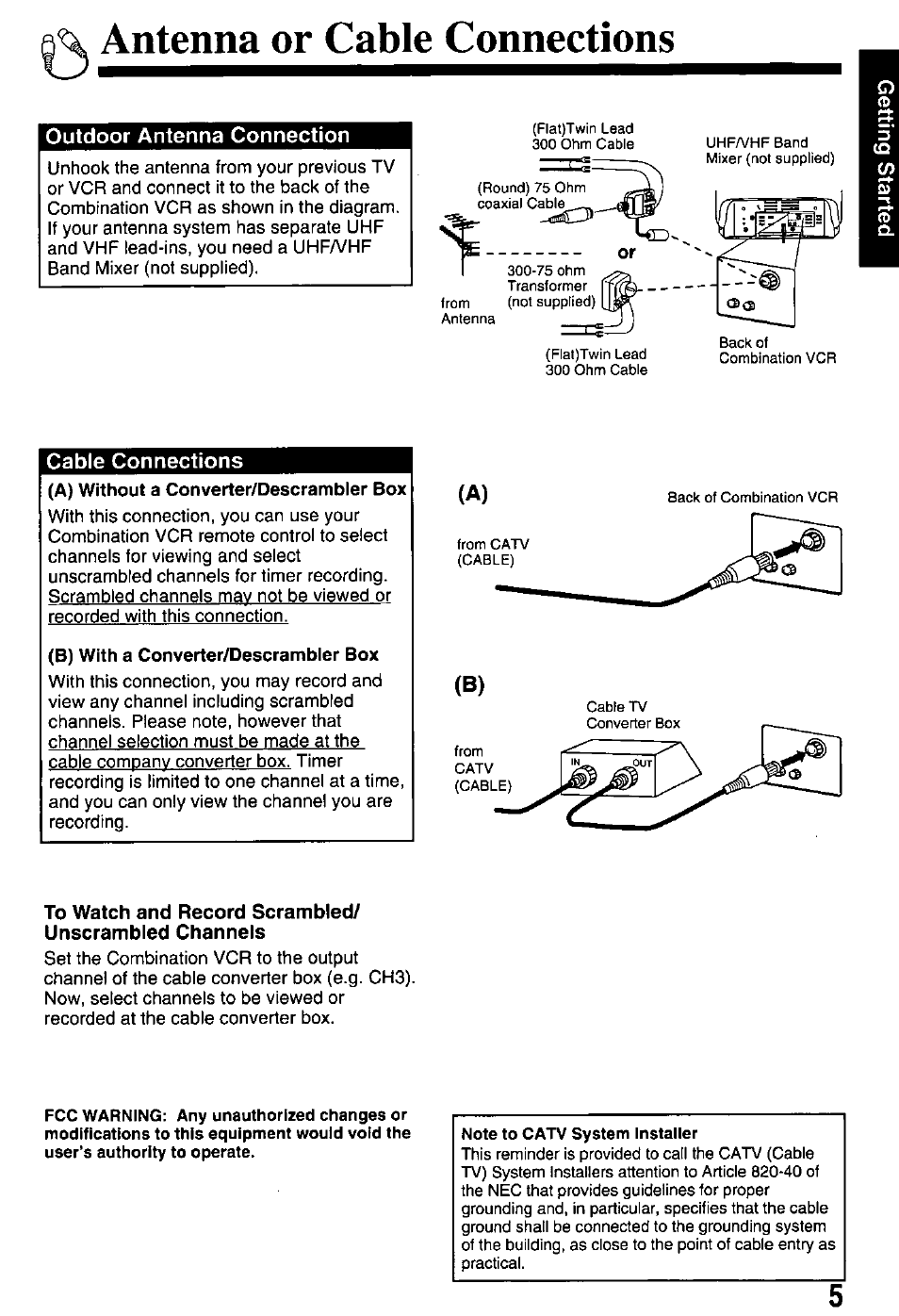 Antenna or cable connections, Outdoor antenna connection, Cable connections | B) with a converter/descrambier box, Note to catv system installer | Panasonic PV-M2768 User Manual | Page 5 / 36