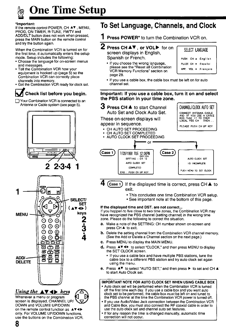 One time setup, Check list before you begin, To set language, channels, and clock | Press ch at , or vol^ for on, Using the keys | Panasonic PV-M2768 User Manual | Page 8 / 36