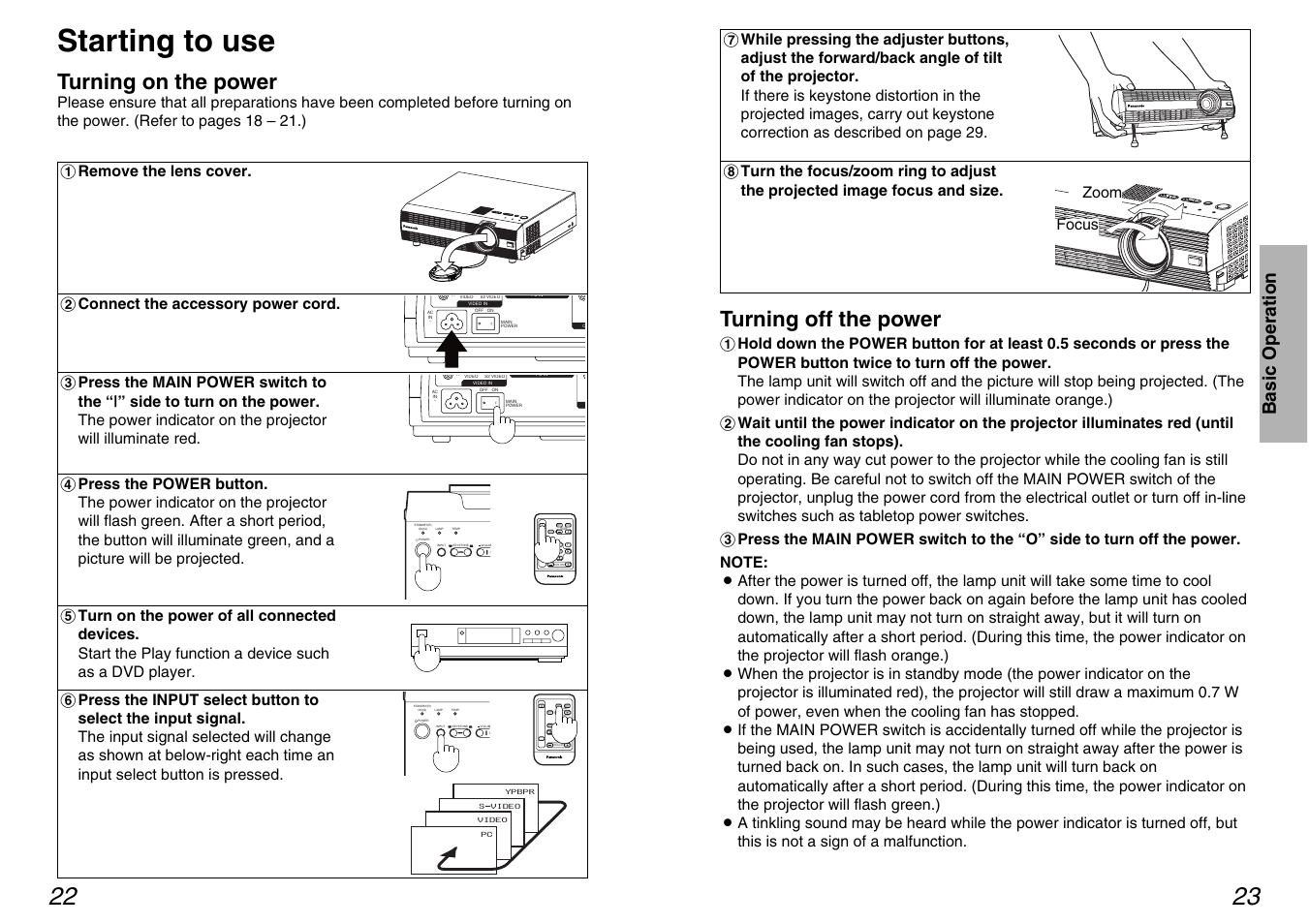 Basic operation, Starting to use, Turning off the power | Turning on the power, Volume | Panasonic PT-AE100U User Manual | Page 12 / 27