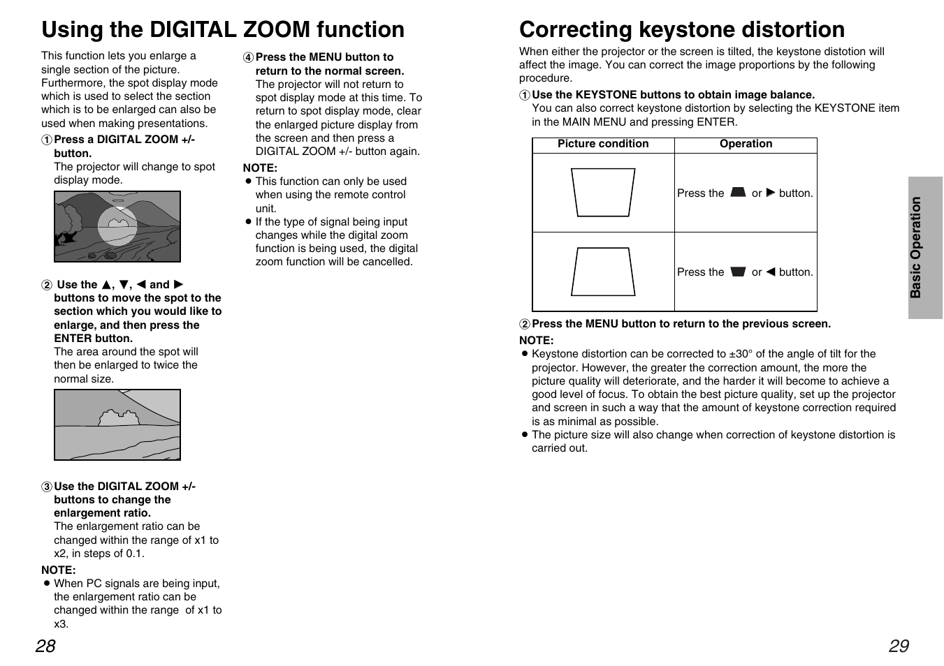 Using the digital zoom function, Correcting keystone distortion | Panasonic PT-AE100U User Manual | Page 15 / 27