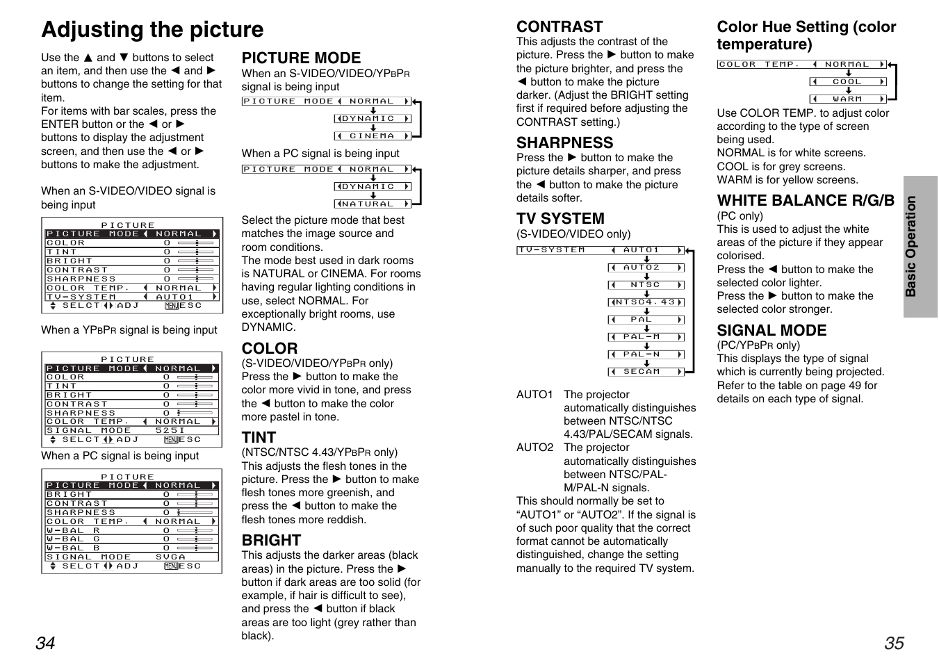 Adjusting the picture, Contrast, Sharpness | Tv system, Color hue setting (color temperature), White balance r/g/b, Signal mode, Picture mode, Color, Tint | Panasonic PT-AE100U User Manual | Page 18 / 27