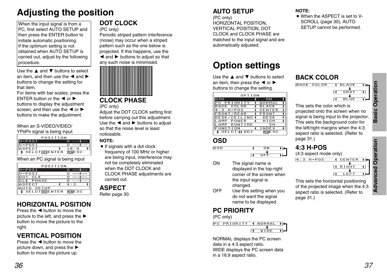 Adjusting the position, Advanced operation, Option settings | Pc priority, Back color, 3 h-pos, Horizontal position, Vertical position, Dot clock, Clock phase | Panasonic PT-AE100U User Manual | Page 19 / 27