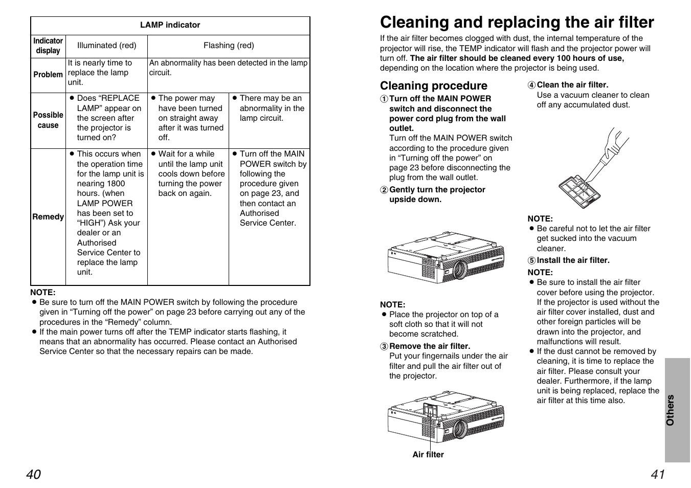 Cleaning and replacing the air filter | Panasonic PT-AE100U User Manual | Page 21 / 27