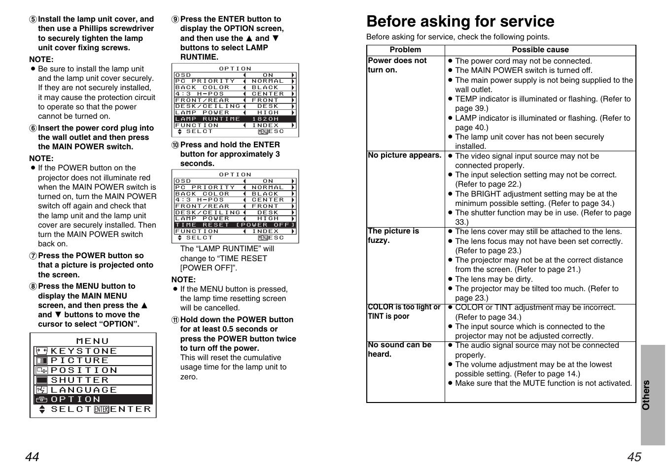 Before asking for service | Panasonic PT-AE100U User Manual | Page 23 / 27