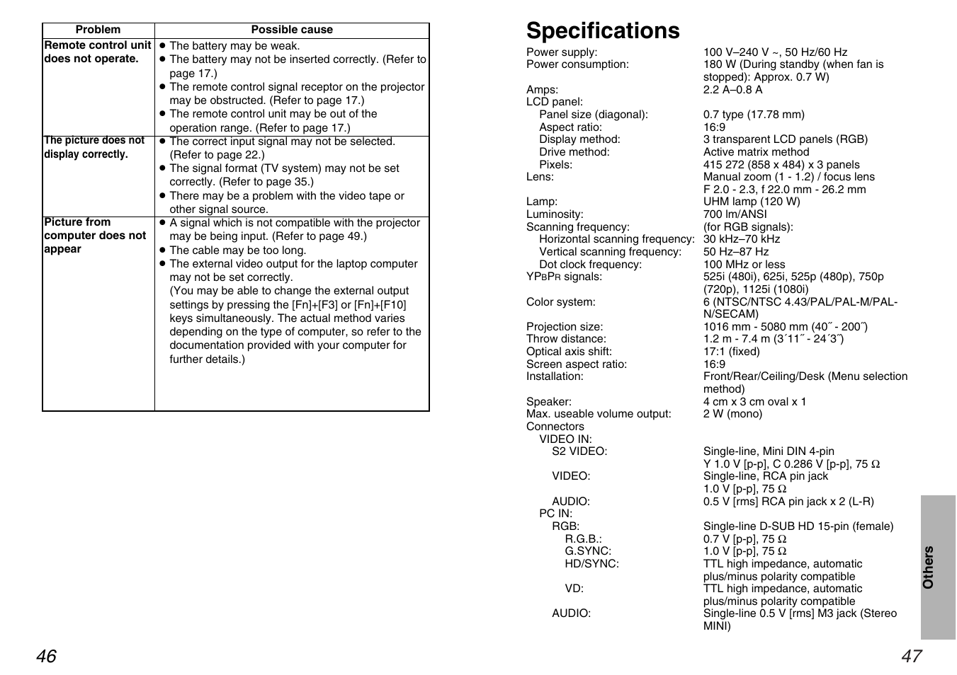 Specifications | Panasonic PT-AE100U User Manual | Page 24 / 27