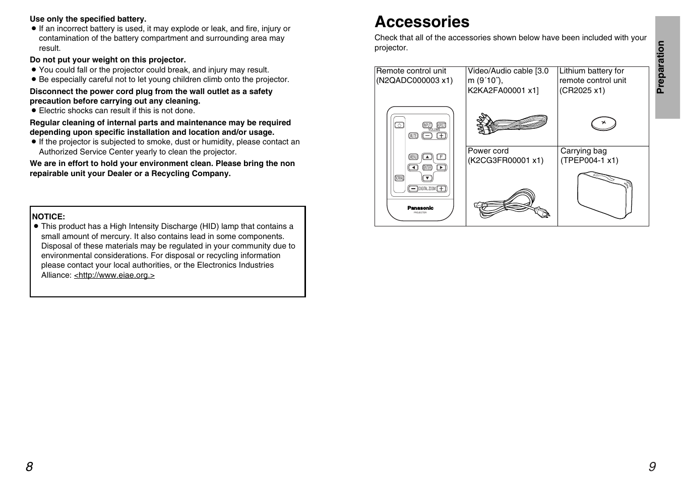 Accessories | Panasonic PT-AE100U User Manual | Page 5 / 27