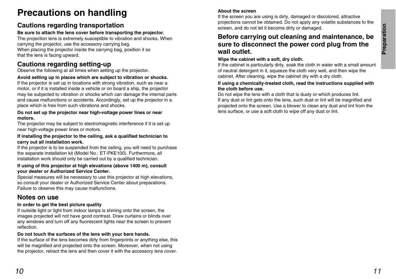 Precautions on handling | Panasonic PT-AE100U User Manual | Page 6 / 27