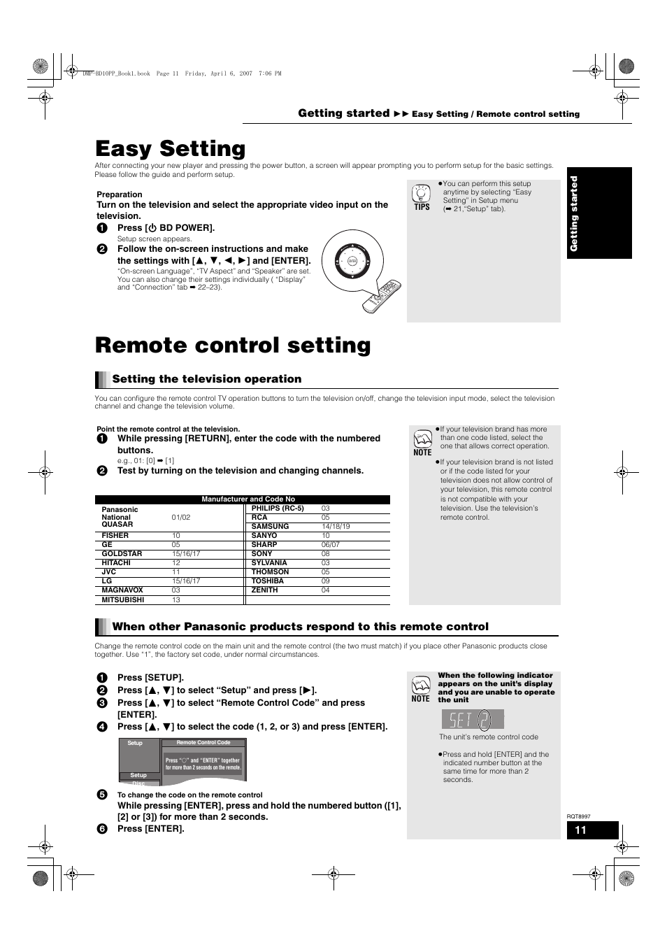 Easy setting, Remote control setting, Setting the television operation | Getting started | Panasonic DMP-BD10A User Manual | Page 11 / 33