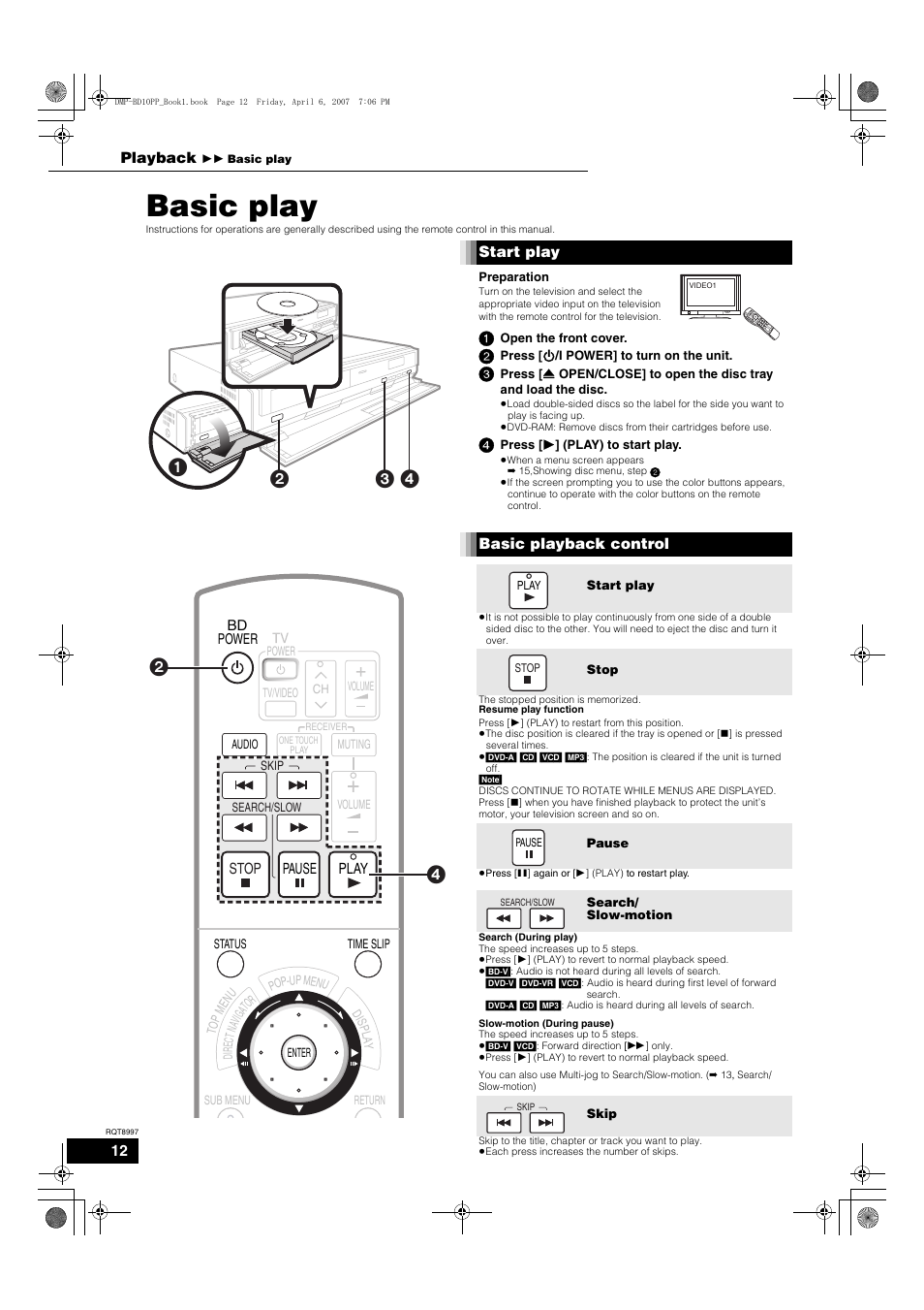 Playback, Basic play | Panasonic DMP-BD10A User Manual | Page 12 / 33