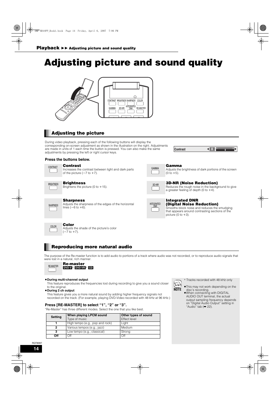 Adjusting picture and sound quality, Adjusting the picture, Reproducing more natural audio | Playback | Panasonic DMP-BD10A User Manual | Page 14 / 33