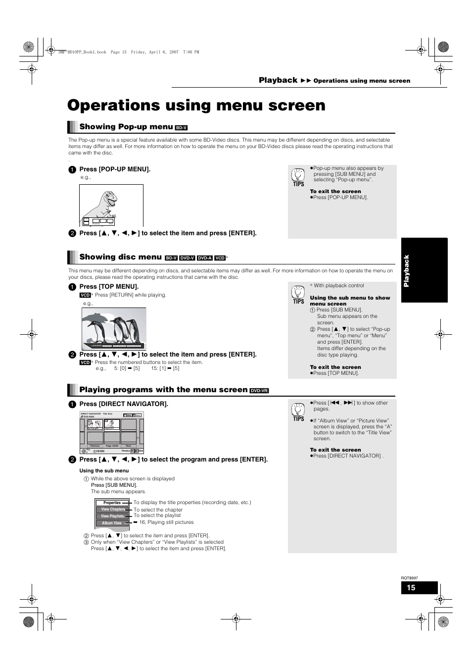 Operations using menu screen, Showing pop-up menu, Showing disc menu | Playing programs with the menu screen, Playback, Press [pop-up menu, Press [top menu, Press [direct navigator | Panasonic DMP-BD10A User Manual | Page 15 / 33