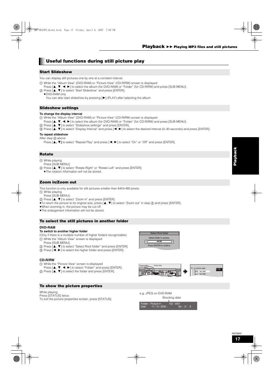 Useful functions during still picture play, Playback, Start slideshow | Slideshow settings, Rotate, Zoom in/zoom out | Panasonic DMP-BD10A User Manual | Page 17 / 33