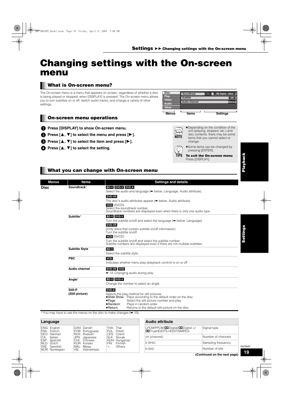 Settings, Changing settings with the on-screen menu, What is on-screen menu | On-screen menu operations, What you can change with on-screen menu | Panasonic DMP-BD10A User Manual | Page 19 / 33