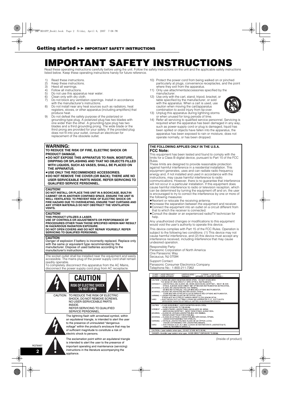 Getting started, Important safety instructions, Caution | Warning | Panasonic DMP-BD10A User Manual | Page 2 / 33