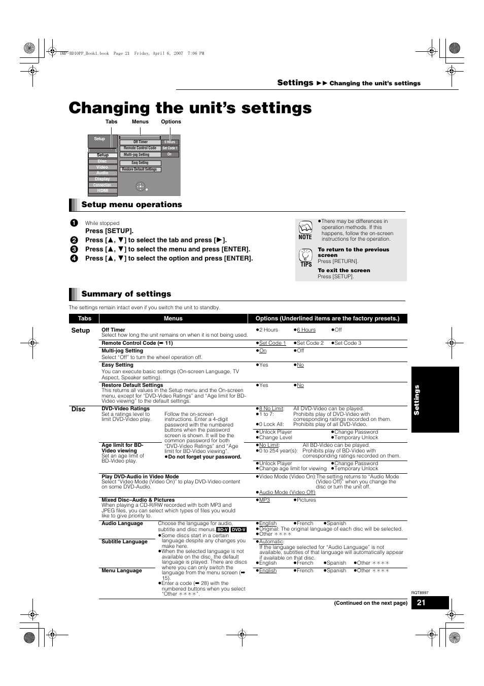 Changing the unit’s settings, Setup menu operations 1, Summary of settings | Settings | Panasonic DMP-BD10A User Manual | Page 21 / 33