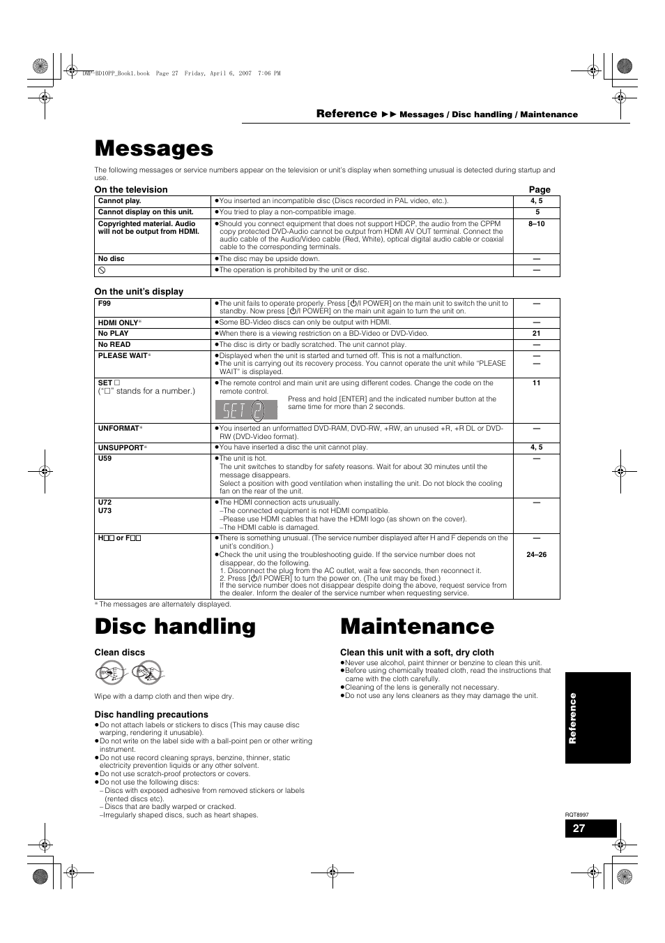 Messages, Disc handling, Maintenance | Reference | Panasonic DMP-BD10A User Manual | Page 27 / 33