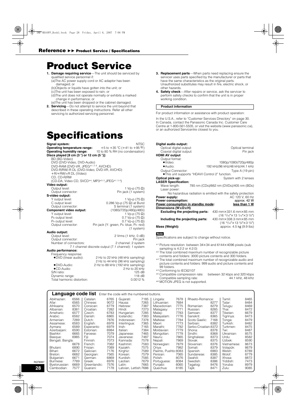 Product service, Specifications, Language code list | Reference | Panasonic DMP-BD10A User Manual | Page 28 / 33