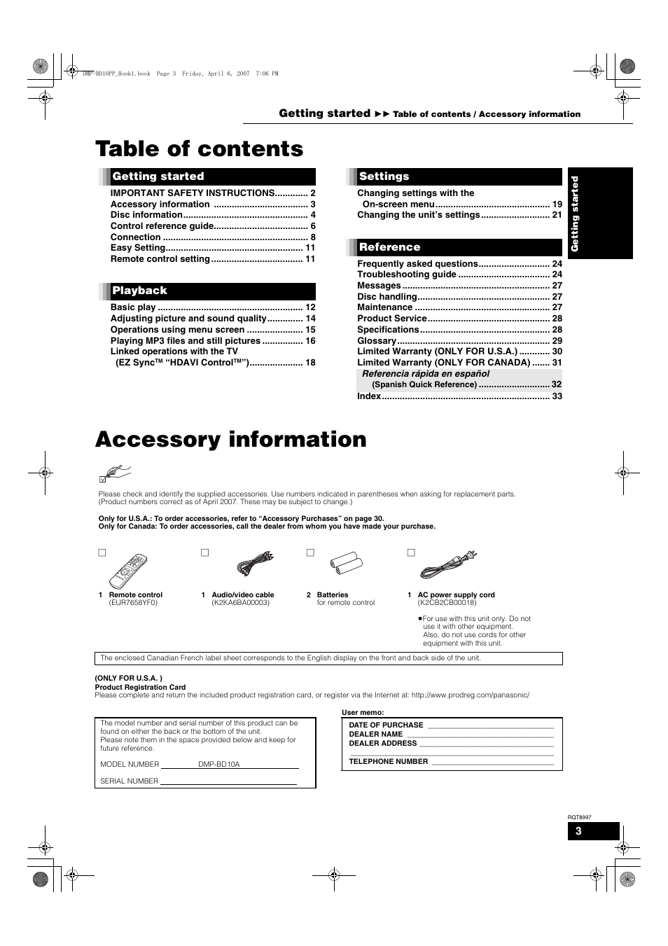 Panasonic DMP-BD10A User Manual | Page 3 / 33