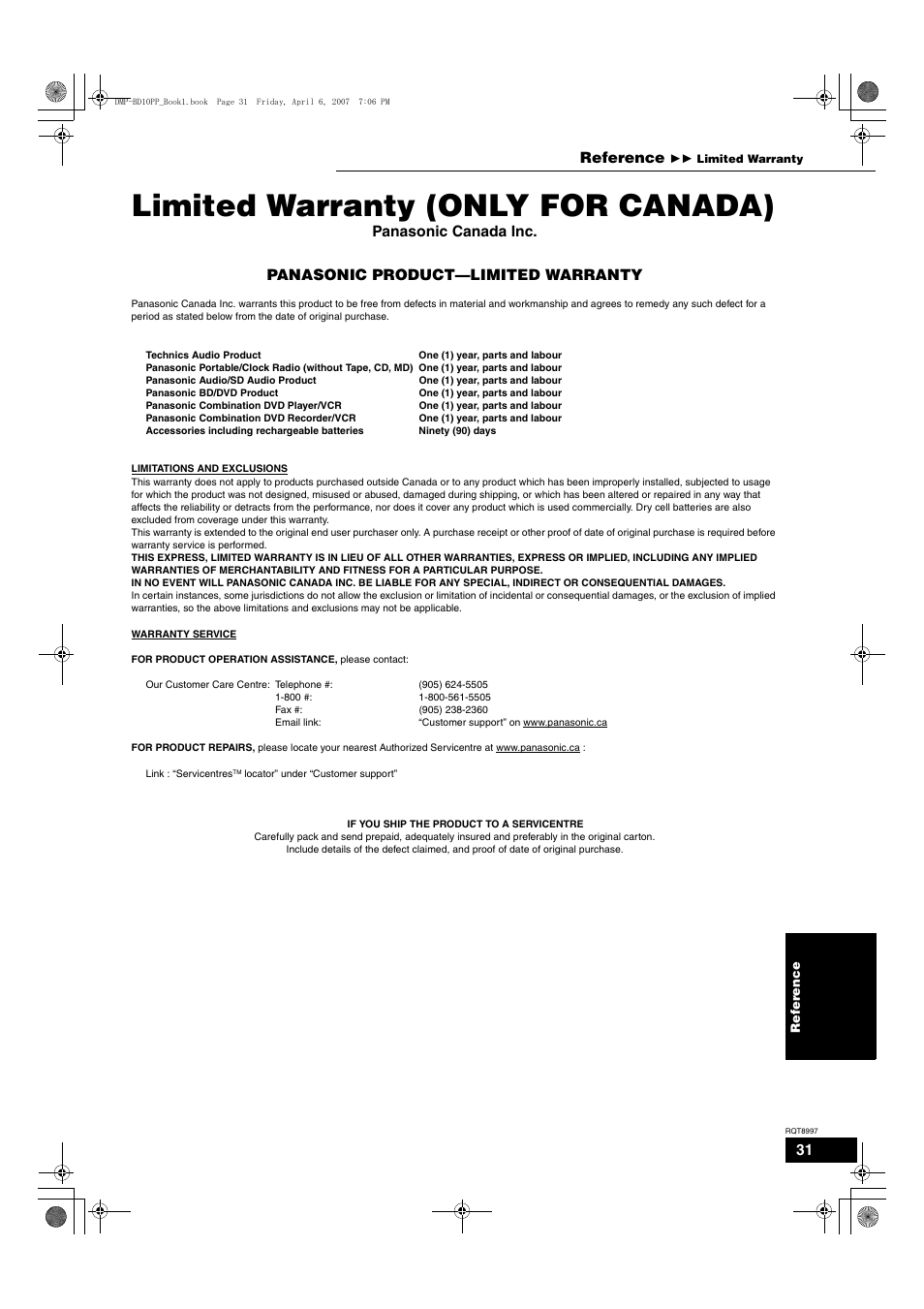 Limited warranty (only for canada), Reference | Panasonic DMP-BD10A User Manual | Page 31 / 33