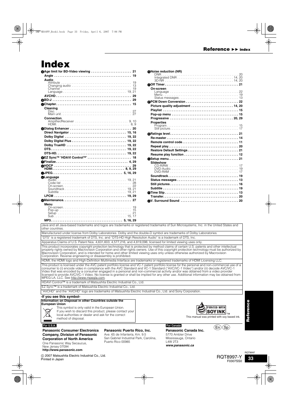 Index, Rqt8997-y, Reference | Panasonic DMP-BD10A User Manual | Page 33 / 33