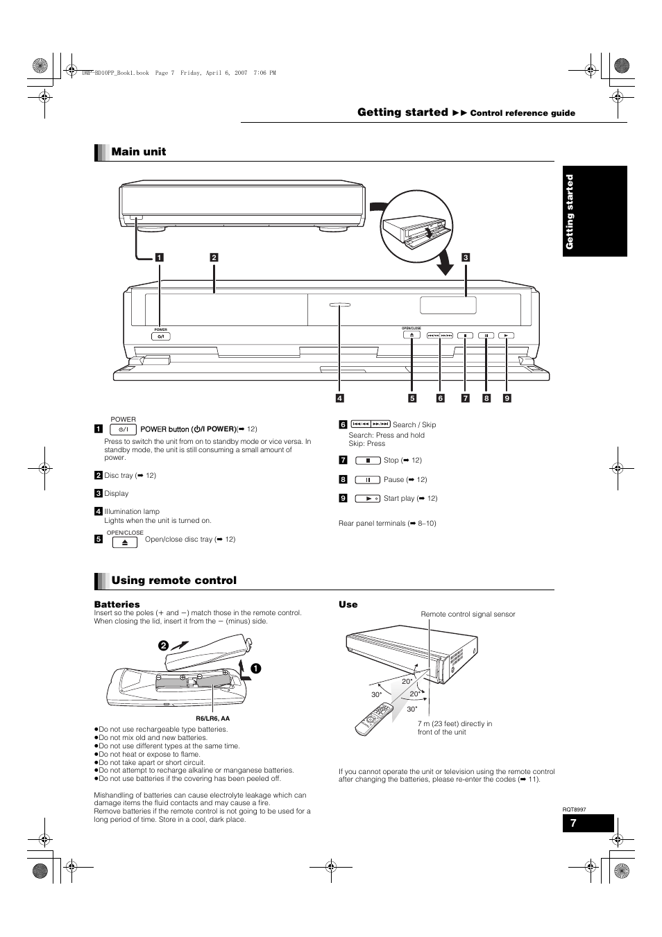 Main unit, Using remote control, Getting started | Panasonic DMP-BD10A User Manual | Page 7 / 33