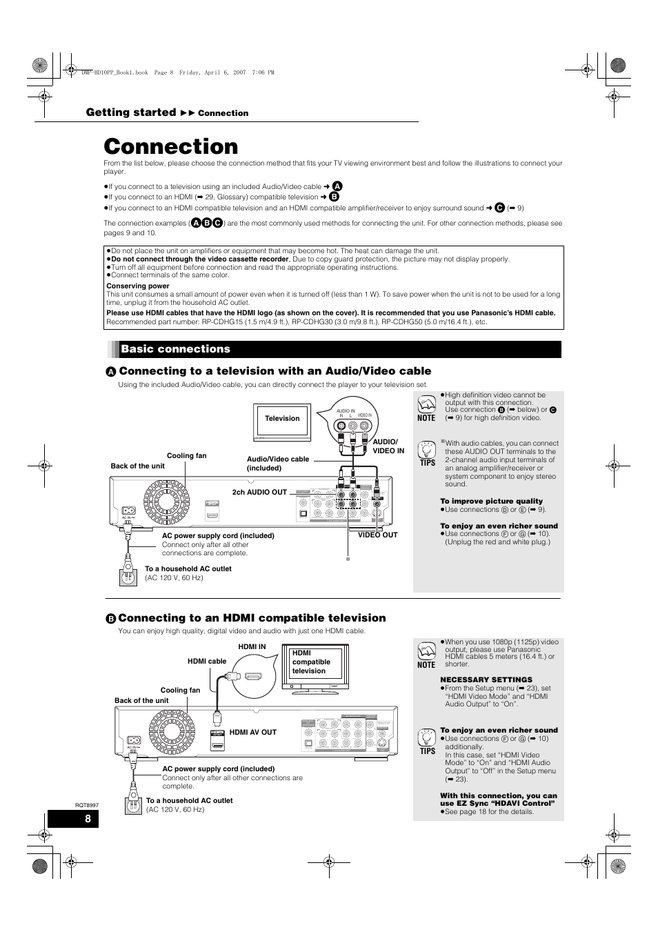 Connection, B connecting to an hdmi compatible television, Getting started | 11 connection | Panasonic DMP-BD10A User Manual | Page 8 / 33