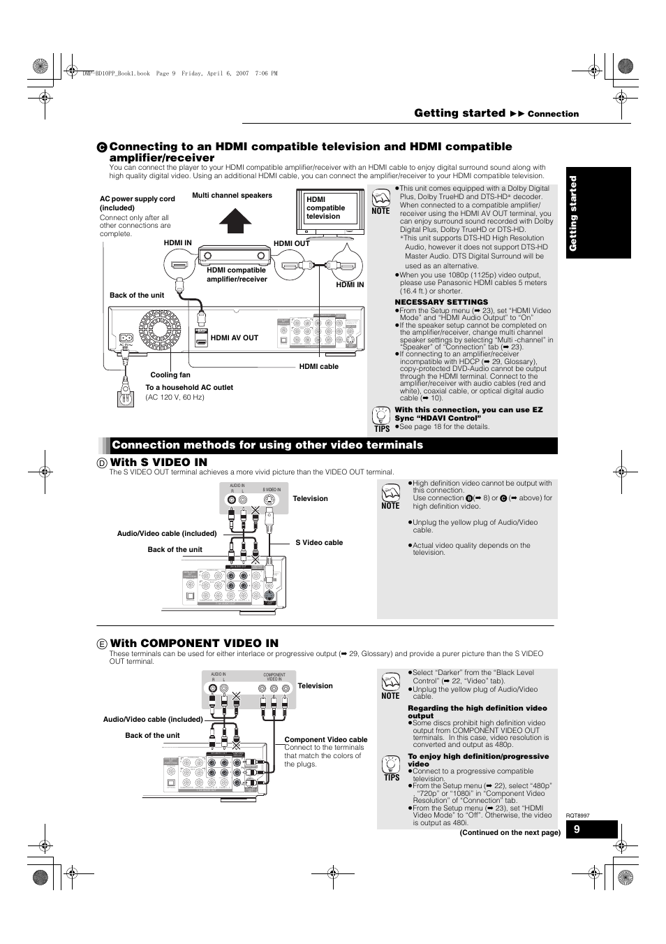 E with component video in, Getting started, Gettin g star ted | 11 connection, Continued on the next page) | Panasonic DMP-BD10A User Manual | Page 9 / 33