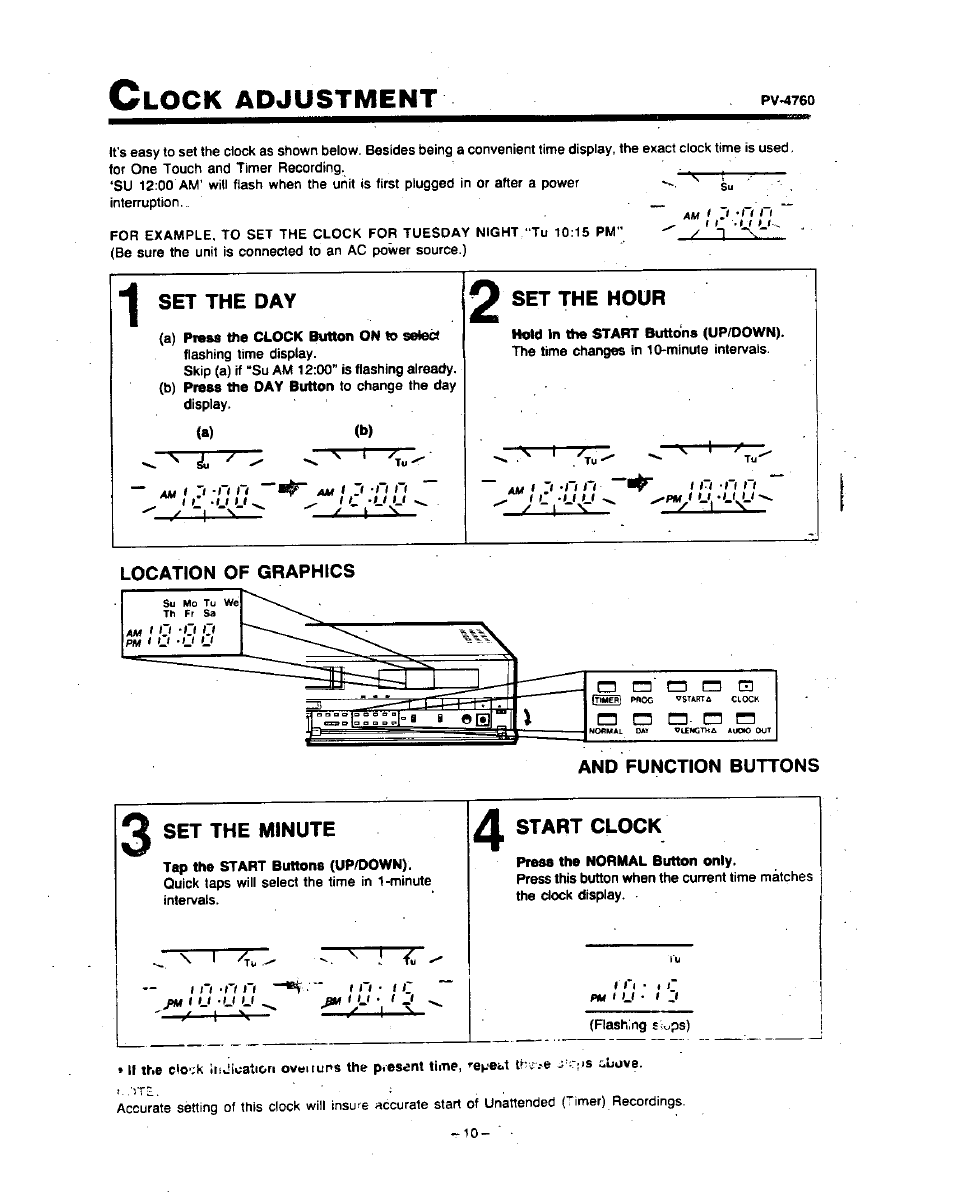 Lock, Adjustment, 1 set the day o set the hour | A) (b) ^ ^ t, Am f 'f~f f*' f ( 1 *1 ( m, J l ^ ^pmy li, -lf^j, Q set the minute, Start clock, 1 /1 *n n -~^ r~ 1 n • t c | Panasonic PV-4760 User Manual | Page 11 / 52
