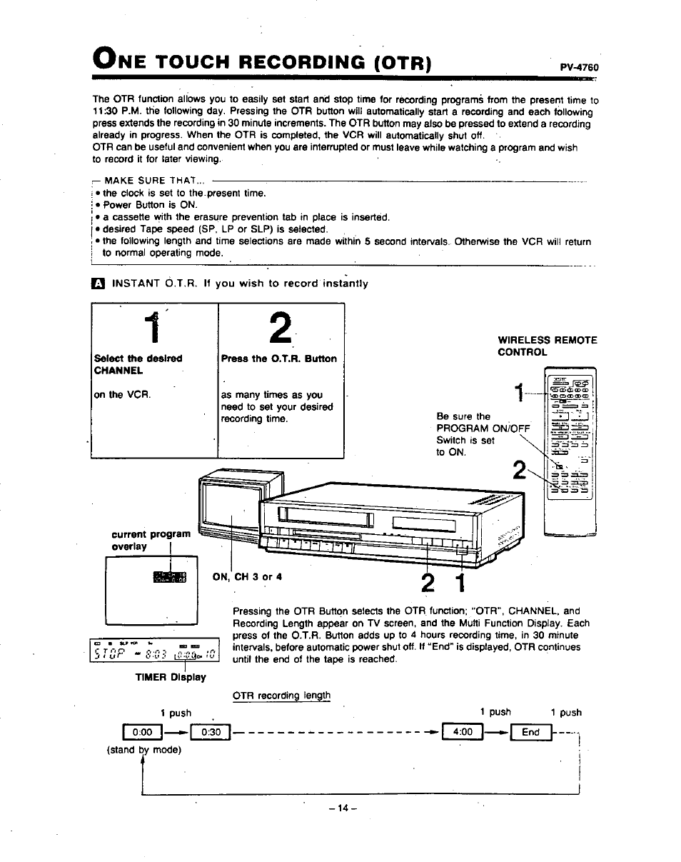 Wireless remote control, Timer display, Touch | Recording, I----i | Panasonic PV-4760 User Manual | Page 15 / 52