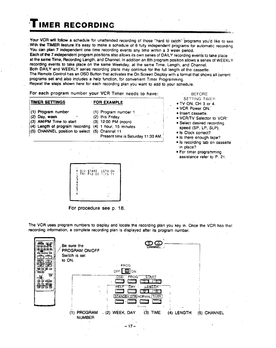 Timer settings, Imer, Recording | Panasonic PV-4760 User Manual | Page 18 / 52
