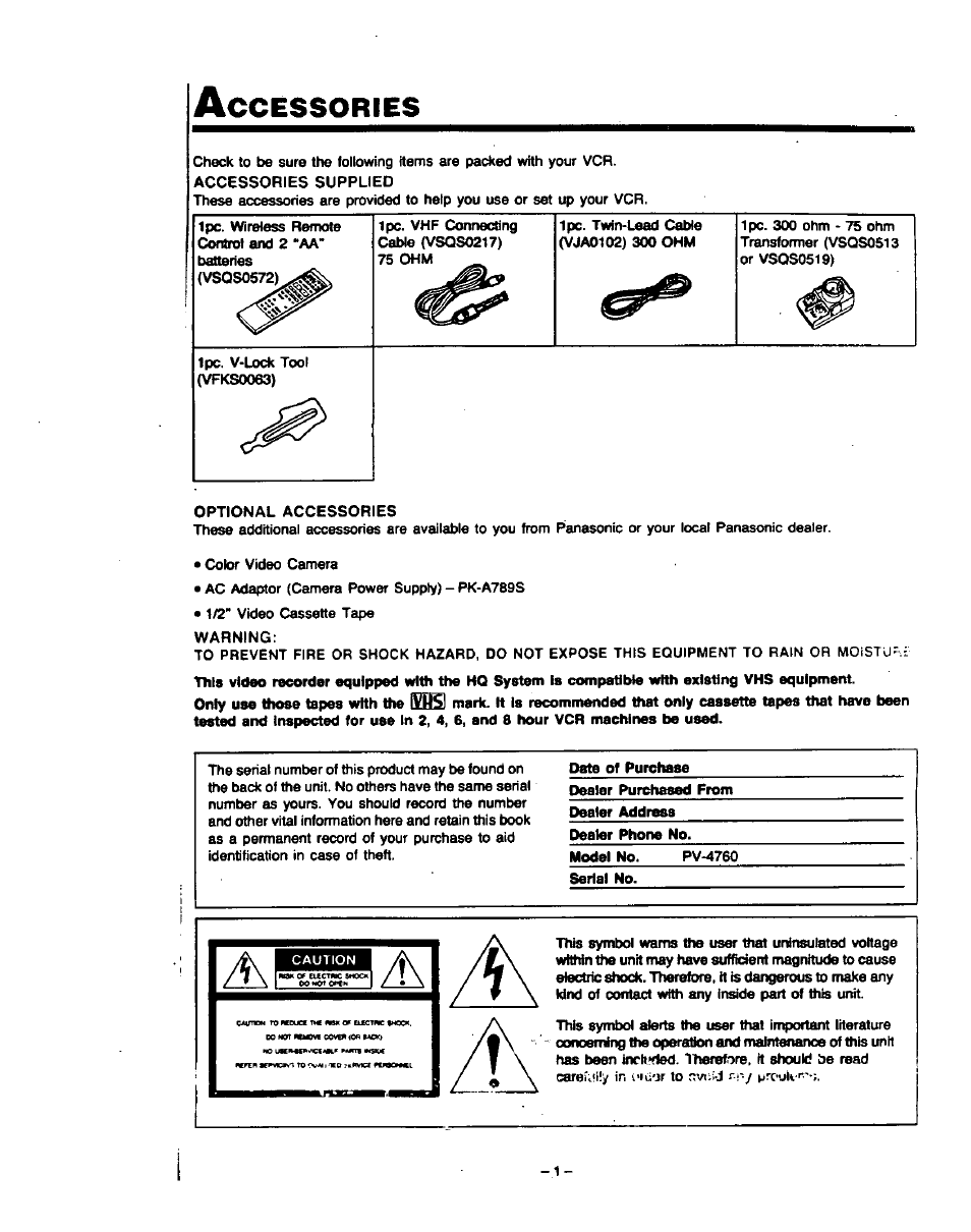 Ccessories | Panasonic PV-4760 User Manual | Page 2 / 52