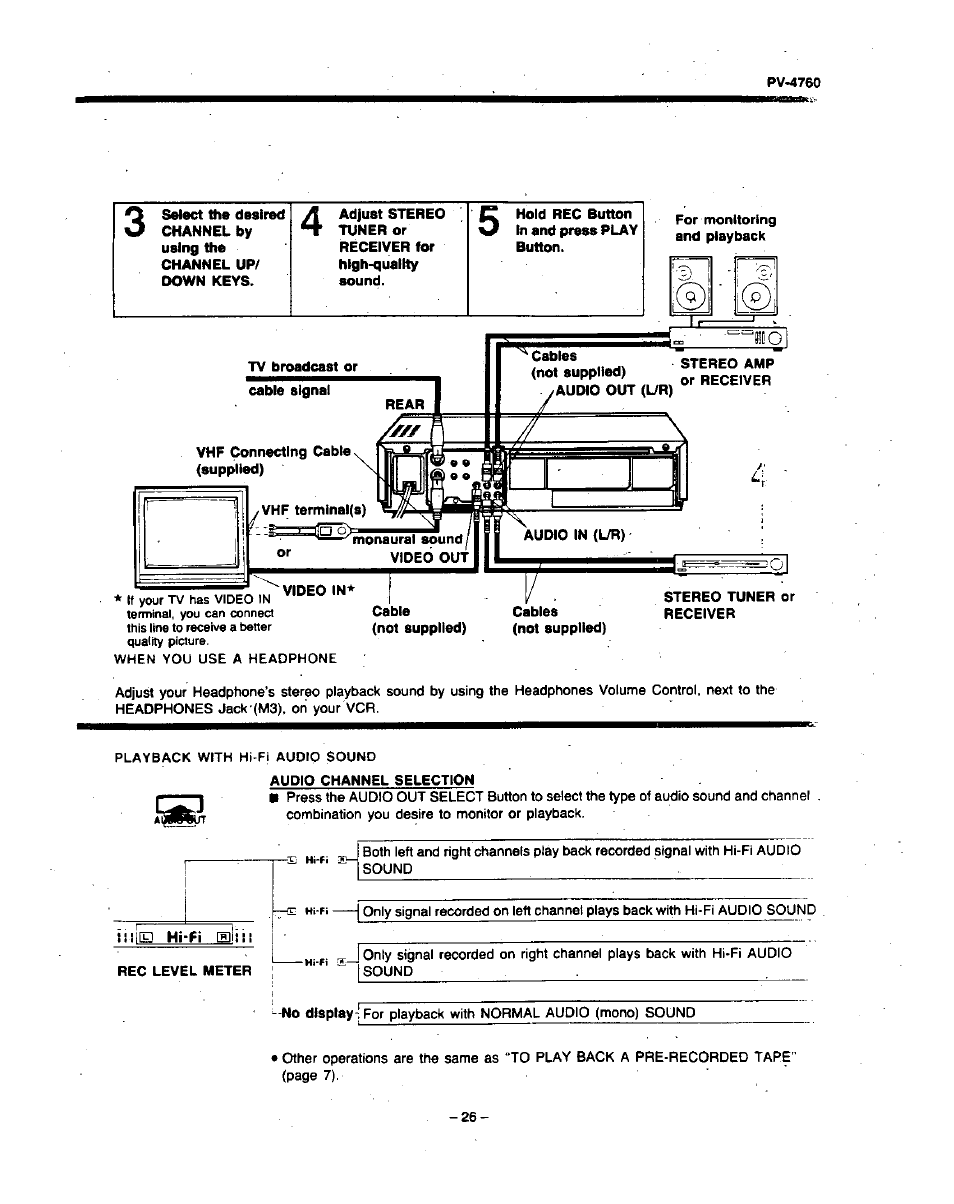 Audio channel selection, Rec level meter | Panasonic PV-4760 User Manual | Page 27 / 52