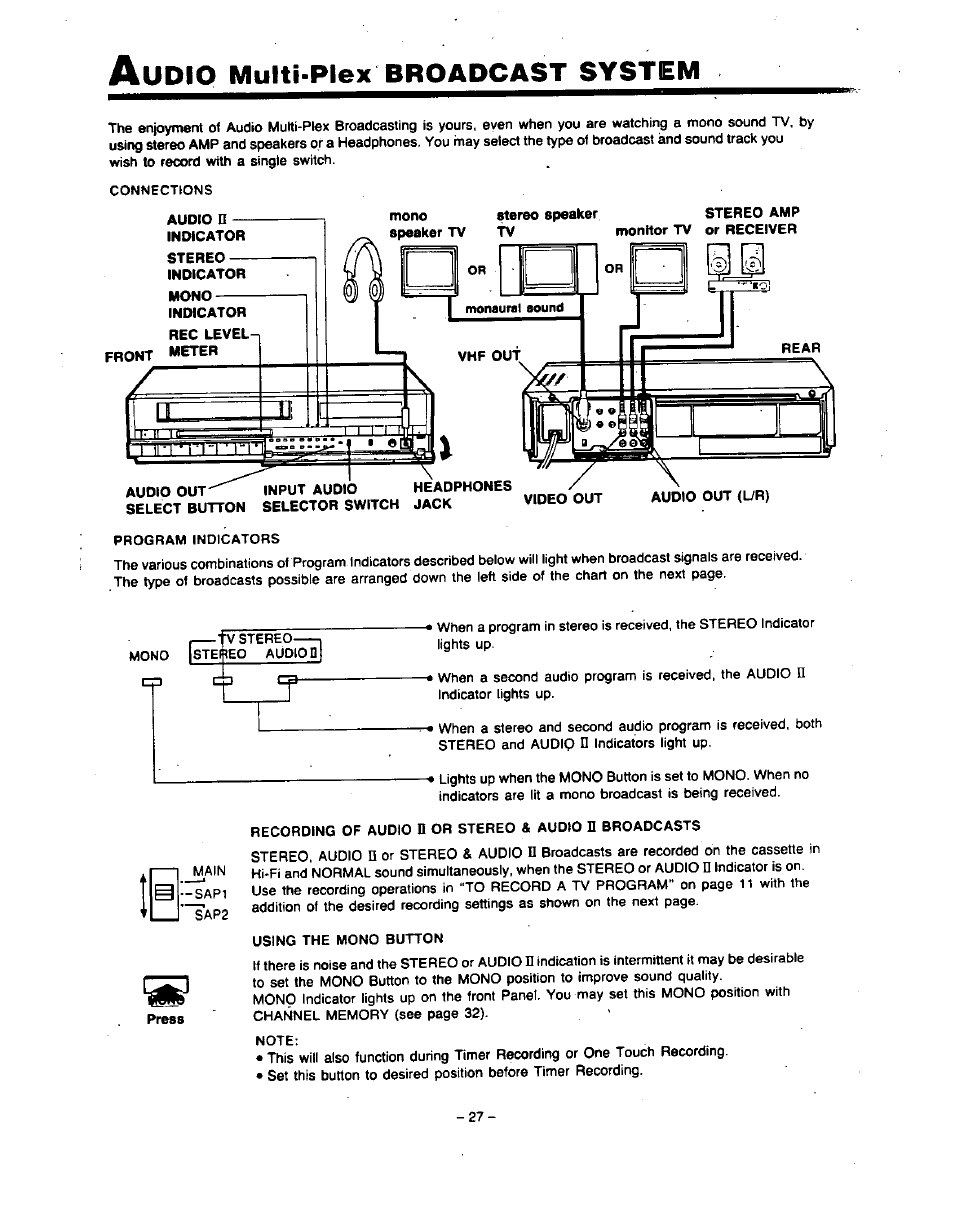 Audio n indicator, Stereo indicator, Mono indicator | Rec level front meter, Muiti-piex, Udio, Broadcast, System | Panasonic PV-4760 User Manual | Page 28 / 52