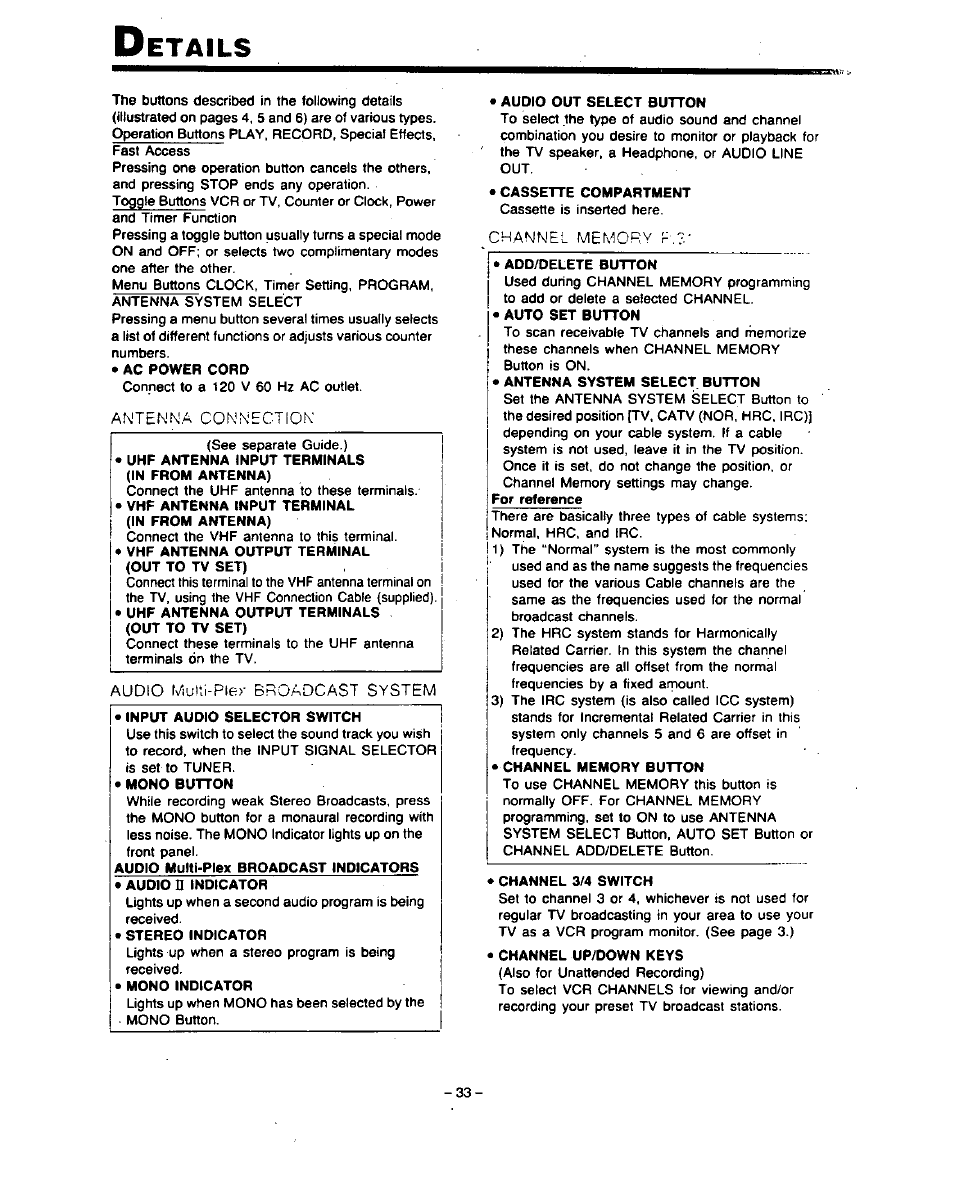 Uhf antenna input terminals (in from antenna), Vhp antenna input terminal (in from antenna), Vhf antenna output terminal | Out to tv set) i, Uhf antenna output terminals (out to tv set), Add/oelete button, Auto set button, Antenna system select button, Channel memory button, Channel 3/4 switch | Panasonic PV-4760 User Manual | Page 34 / 52