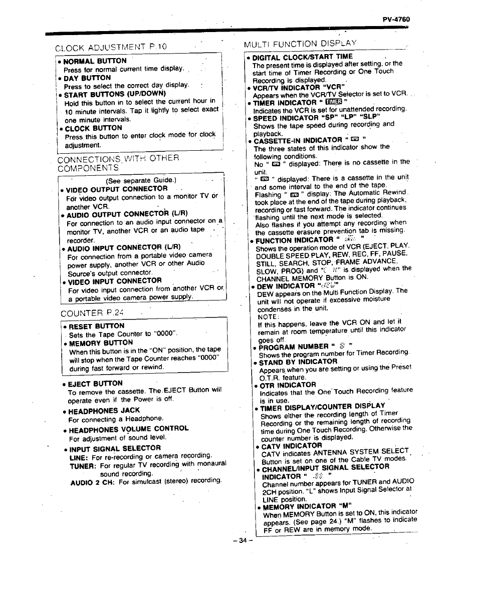 I • normal button, I • day button, Start buttons (up/down) | Clock button, Digital clock/start time, Vcr/tv indicator “vcr, Timer indicator “ n, Speed indicator “sp” “lp” “slp, Cassette-in indicator “ e3, Function indicator | Panasonic PV-4760 User Manual | Page 35 / 52